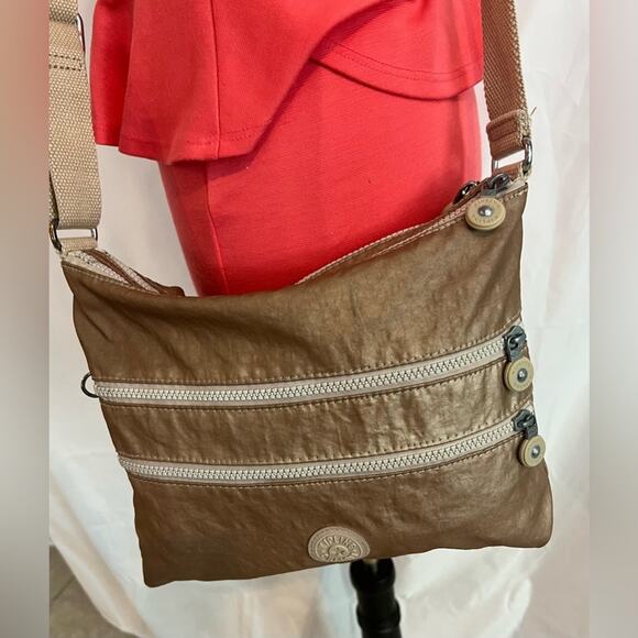 Kipling Adjustable Crossbody Purse Gold Casual Everyday Shoulder Bag Double Zip - Picture 4 of 12